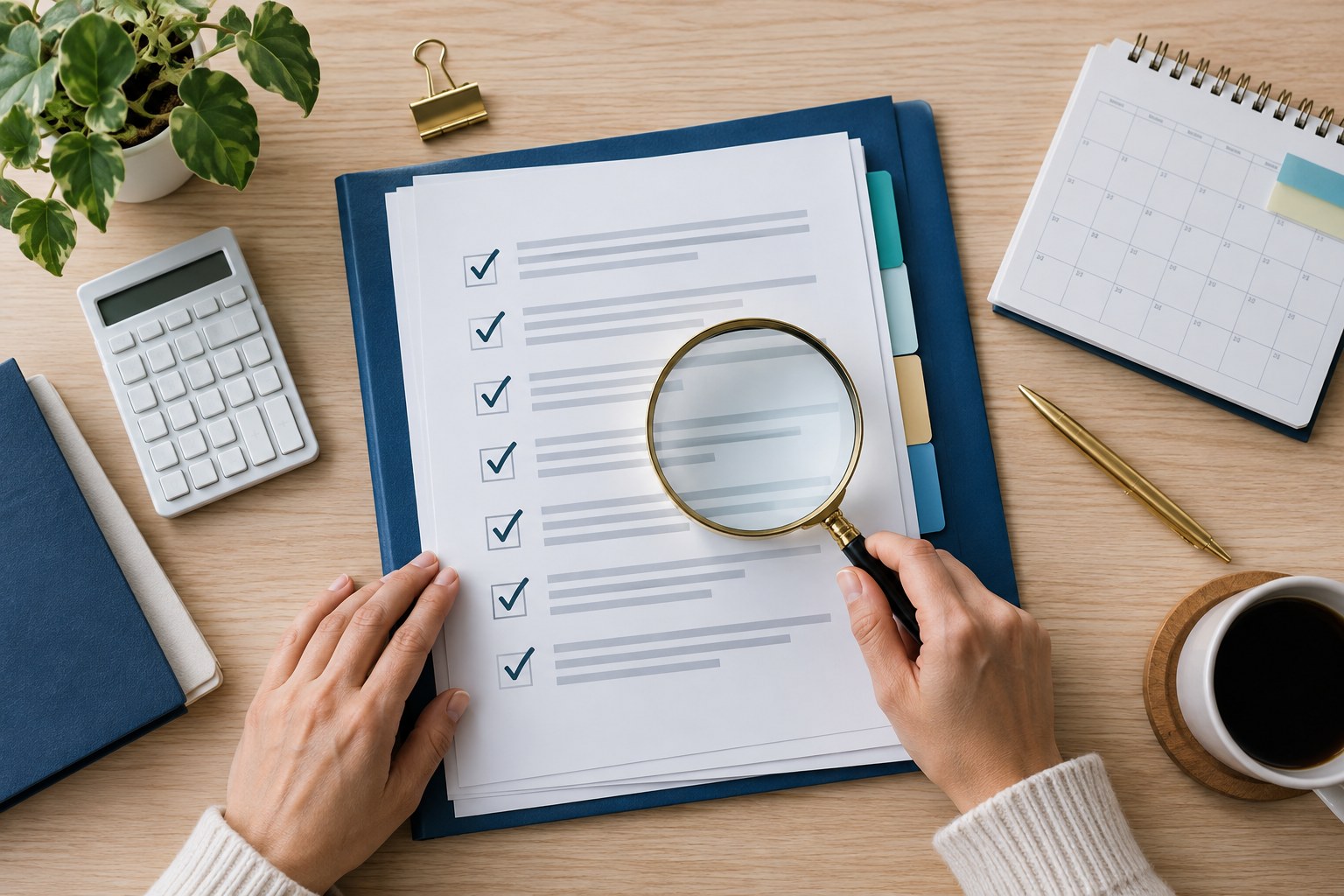 A grant eligibility checklist being reviewed with a magnifying glass