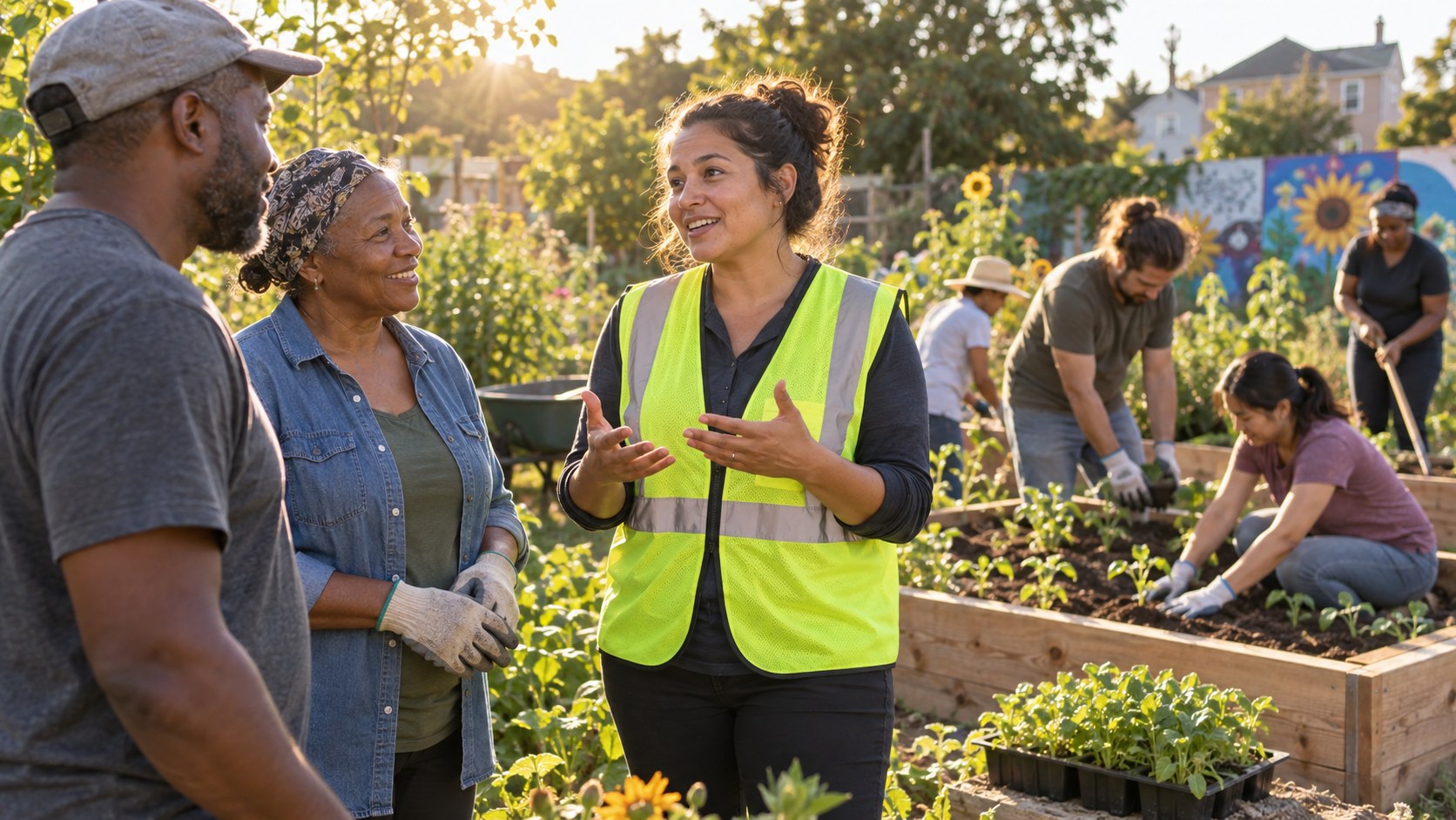A community project coordinator speaking with residents and garden volunteers