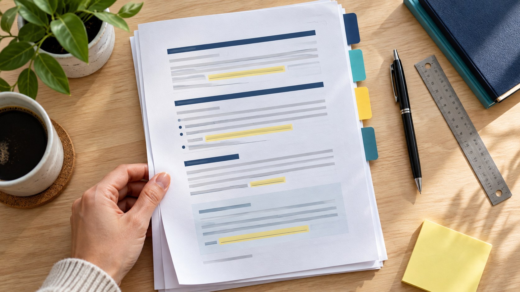A grant proposal draft with color-coded tabs and highlighted sections