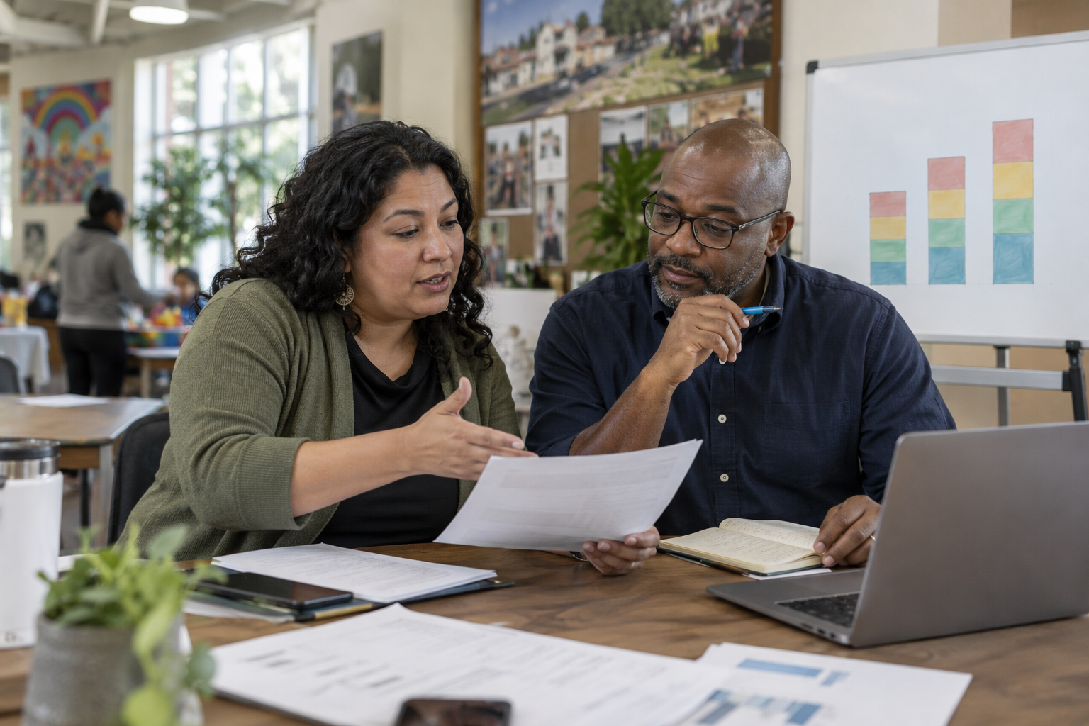 A program director and finance manager reviewing project costs together