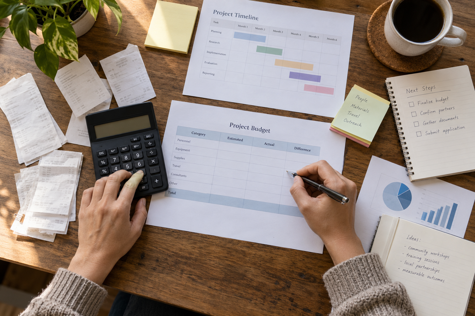 An overhead view of a grant budget worksheet, calculator, receipts, and project timeline