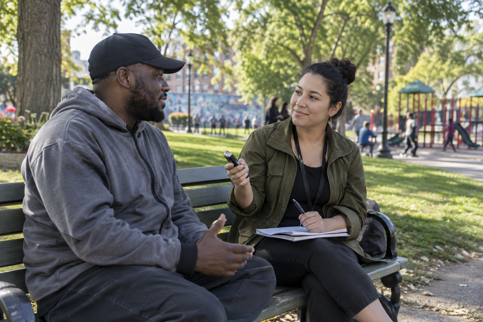 A community evaluator interviewing a participant in a neighborhood park