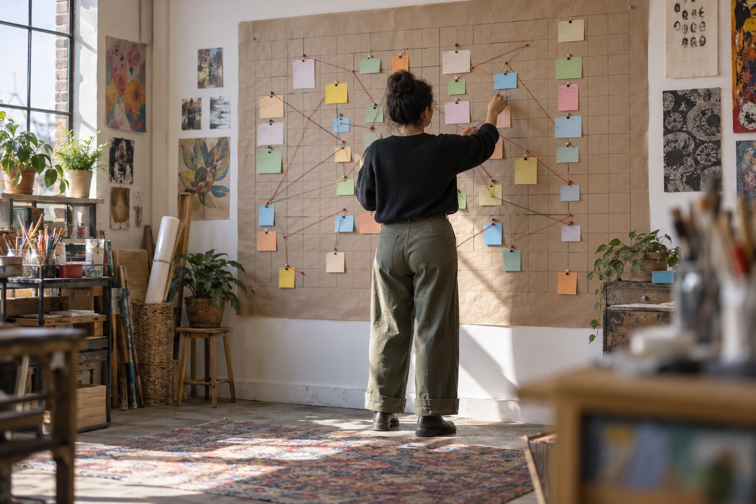 A grant manager mapping requirements on a large wall matrix
