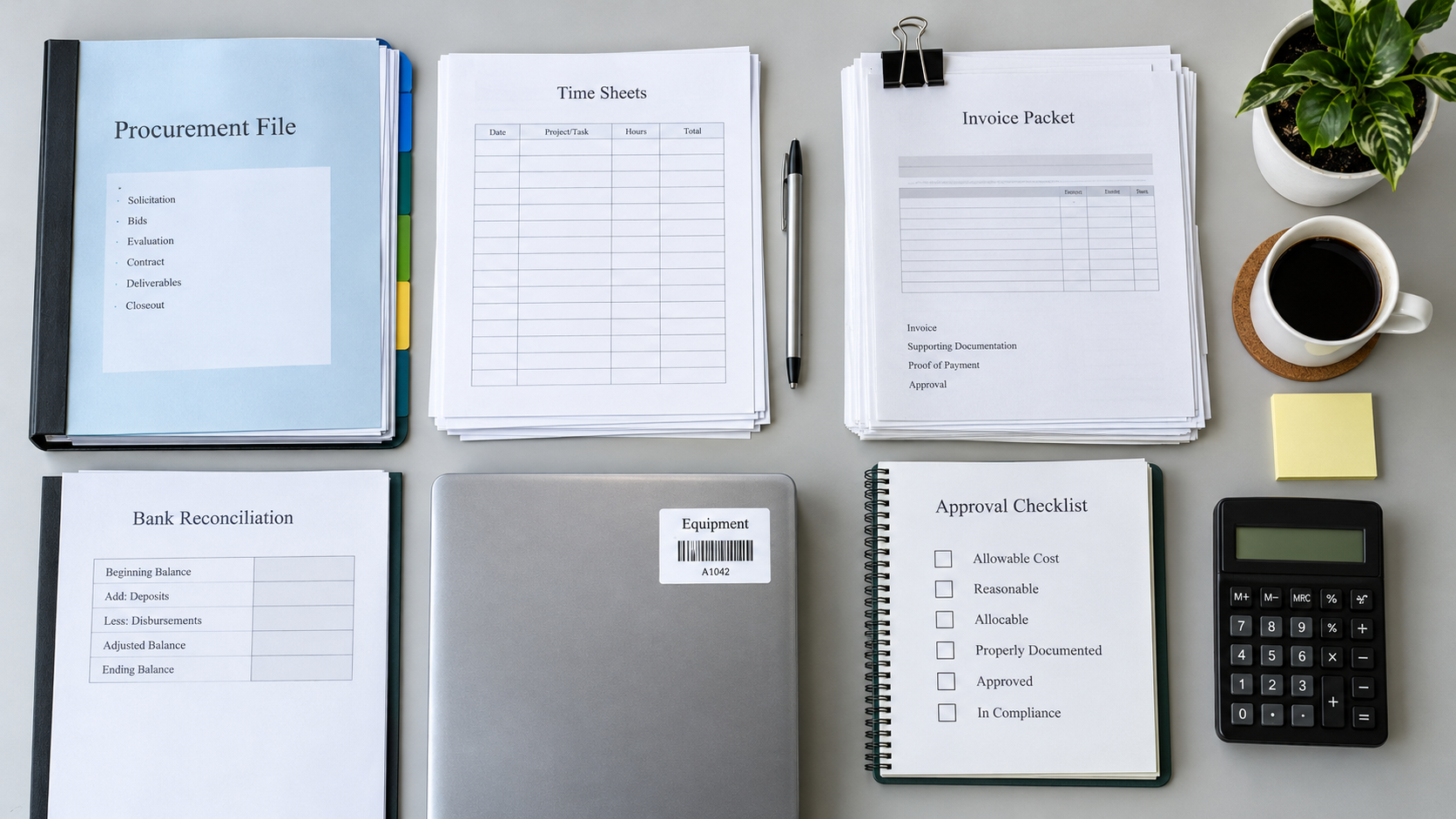 Procurement, payroll, invoice, equipment, and approval records arranged into audit trails