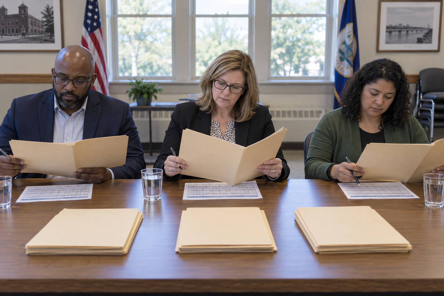 A procurement panel independently reviewing contractor proposals and scoring sheets