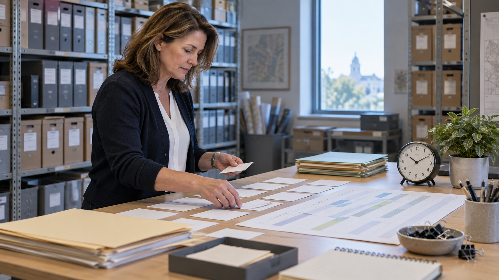 A grant manager organizing calendar cards and folders in a records room