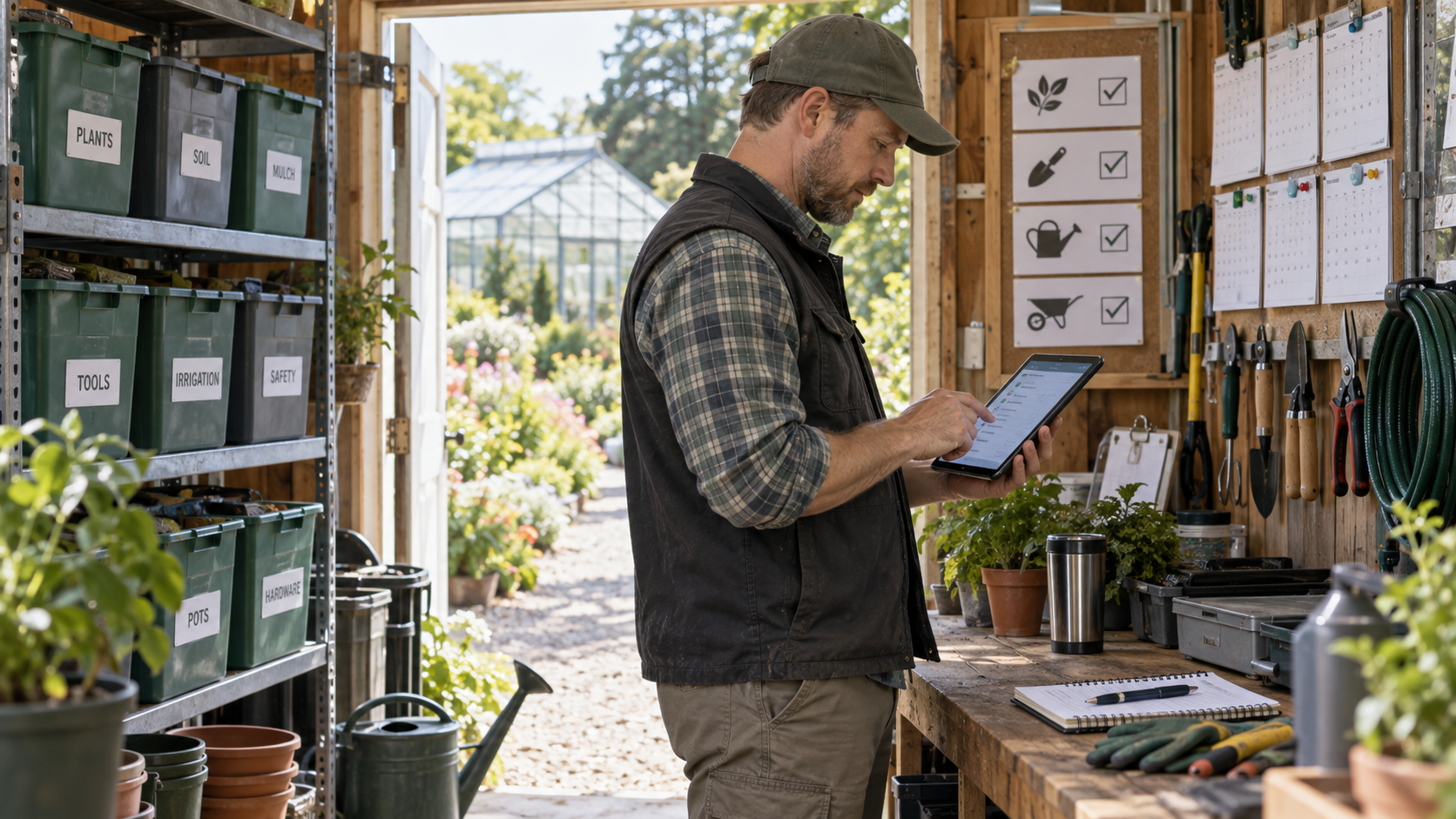 A program manager checking project deliverables in a botanical garden work area