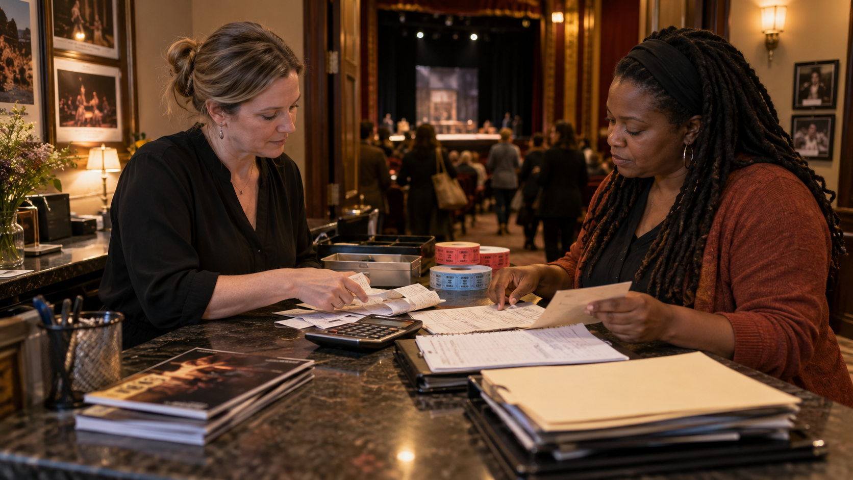 Finance and program leads reconciling receipts with activity records after an event