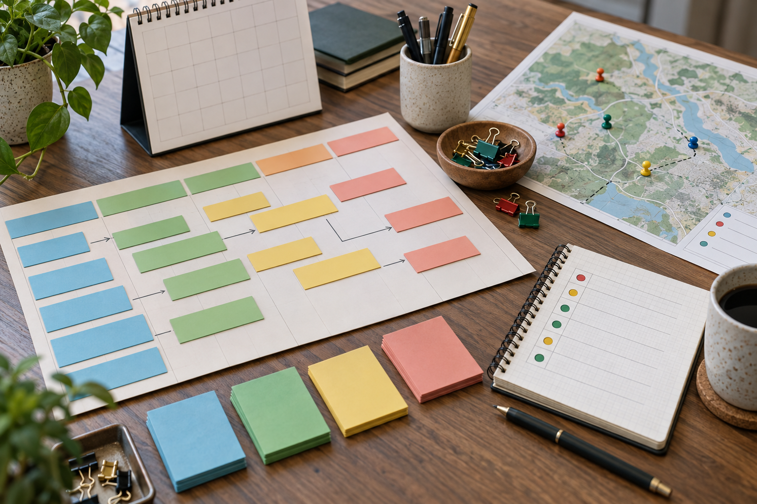 A detailed implementation work plan with schedule cards, a calendar, and a resource map
