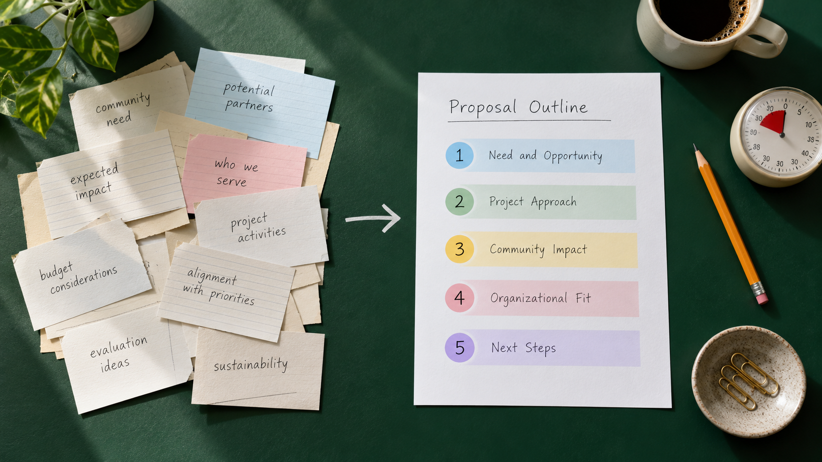 A one-page grant inquiry being organized from notes into five clear sections