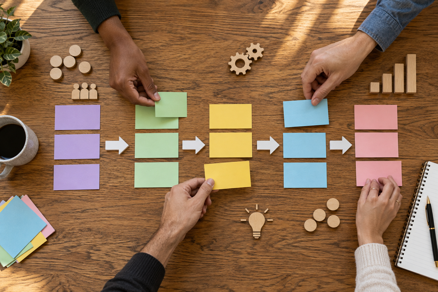 Hands arranging activities, outputs, and outcomes into a visual logic model