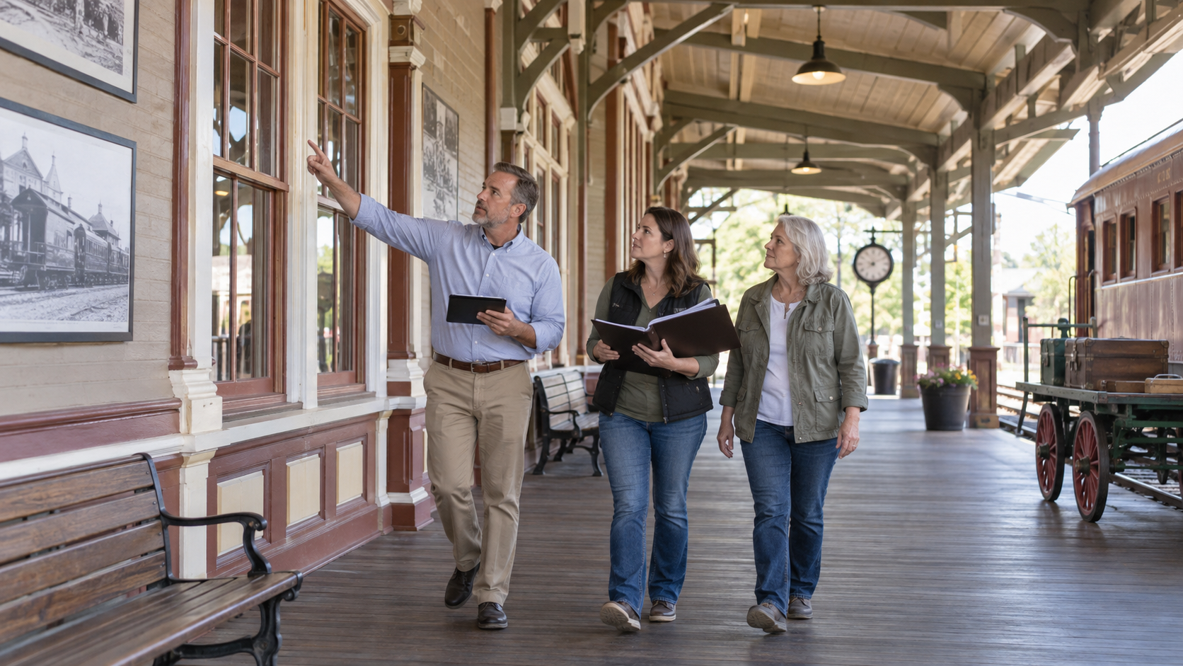 A reviewer and nonprofit staff inspecting completed grant work at a restored train depot