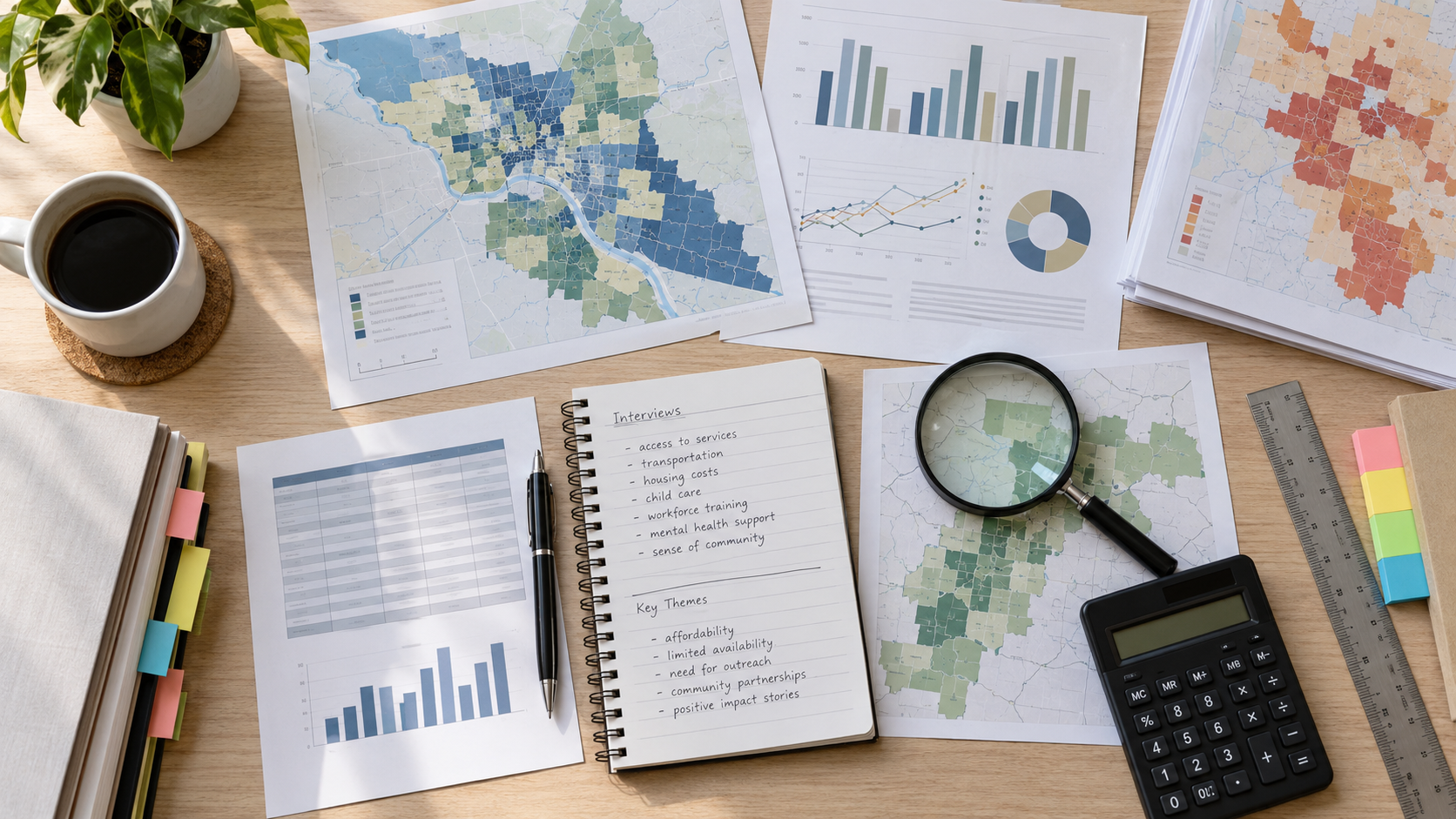 Maps, charts, interview notes, and research tools arranged for a community needs analysis