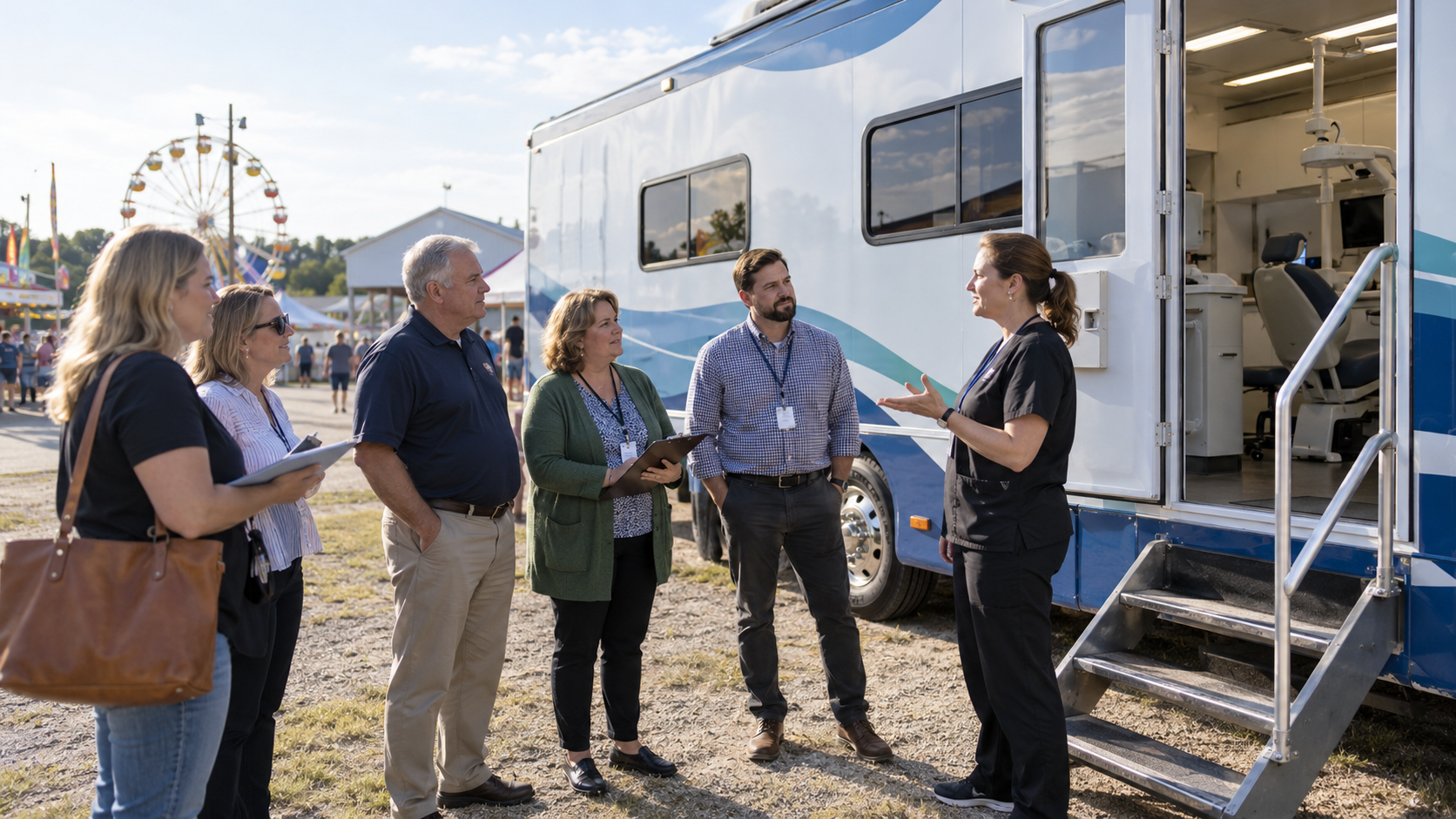 Community partners touring a mobile clinic and discussing shared operations