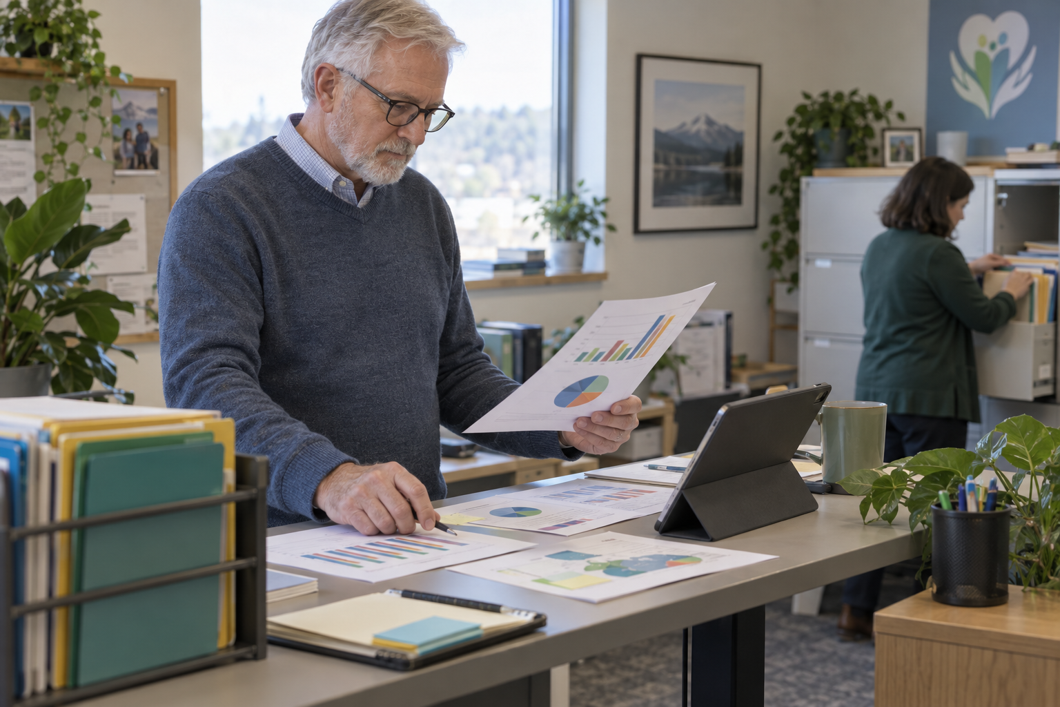 An analyst checking grant performance charts against organized source records