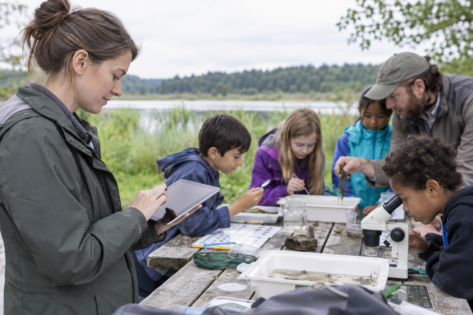 An outreach worker recording participation during an outdoor youth science program
