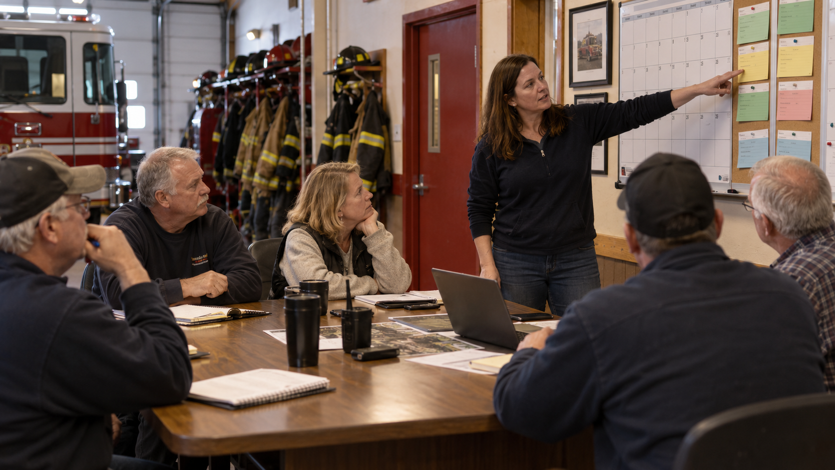 Board members conducting a grant go-or-no-go discussion in a volunteer firehouse