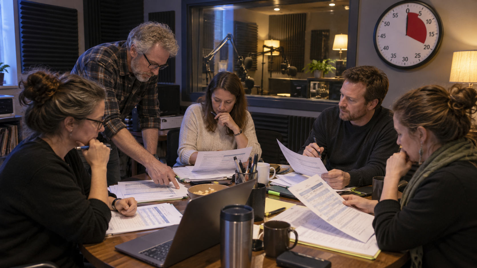A proposal team conducting an independent red-team review in a community radio studio