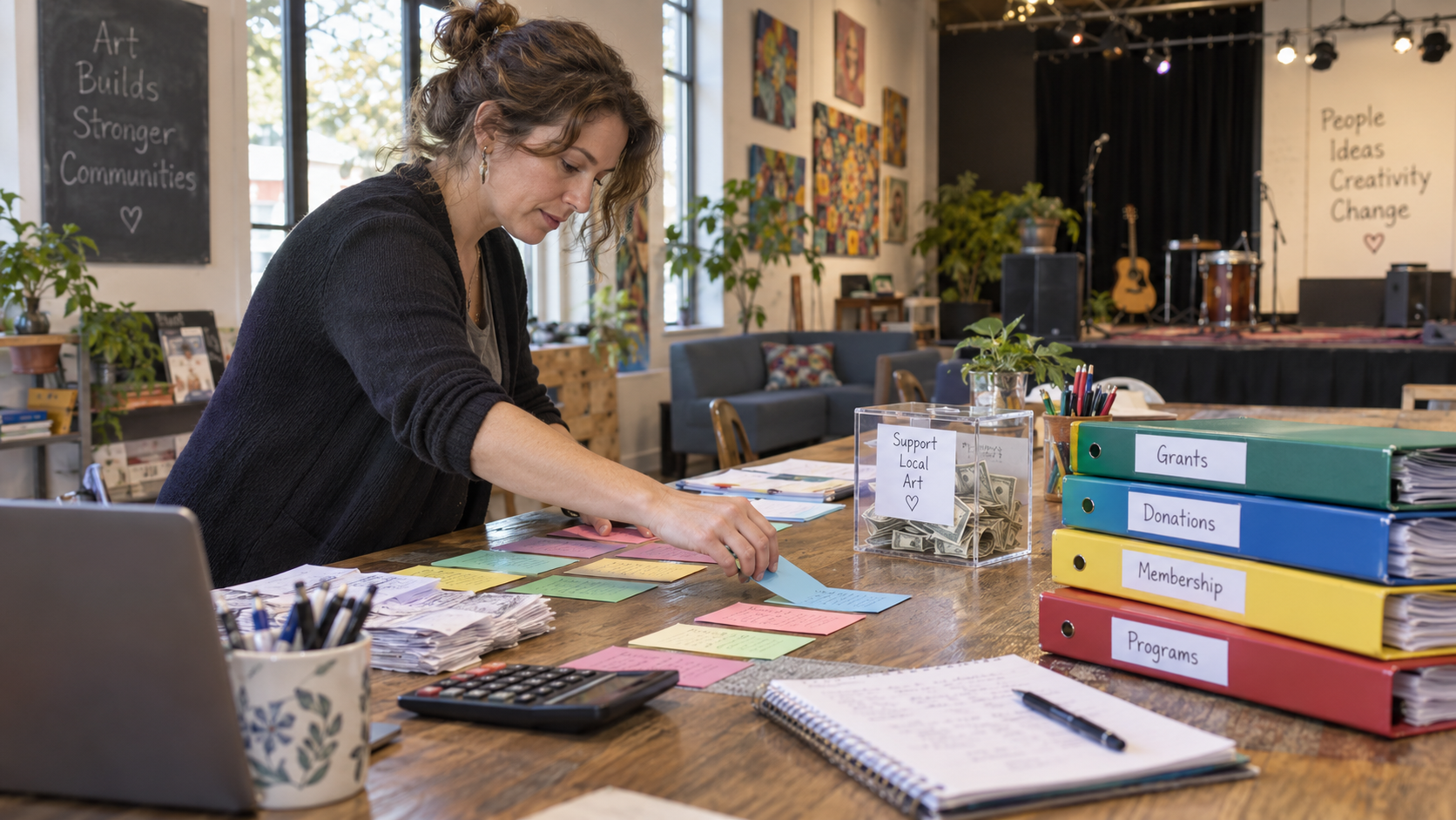 A community arts manager organizing several sources of ongoing program revenue