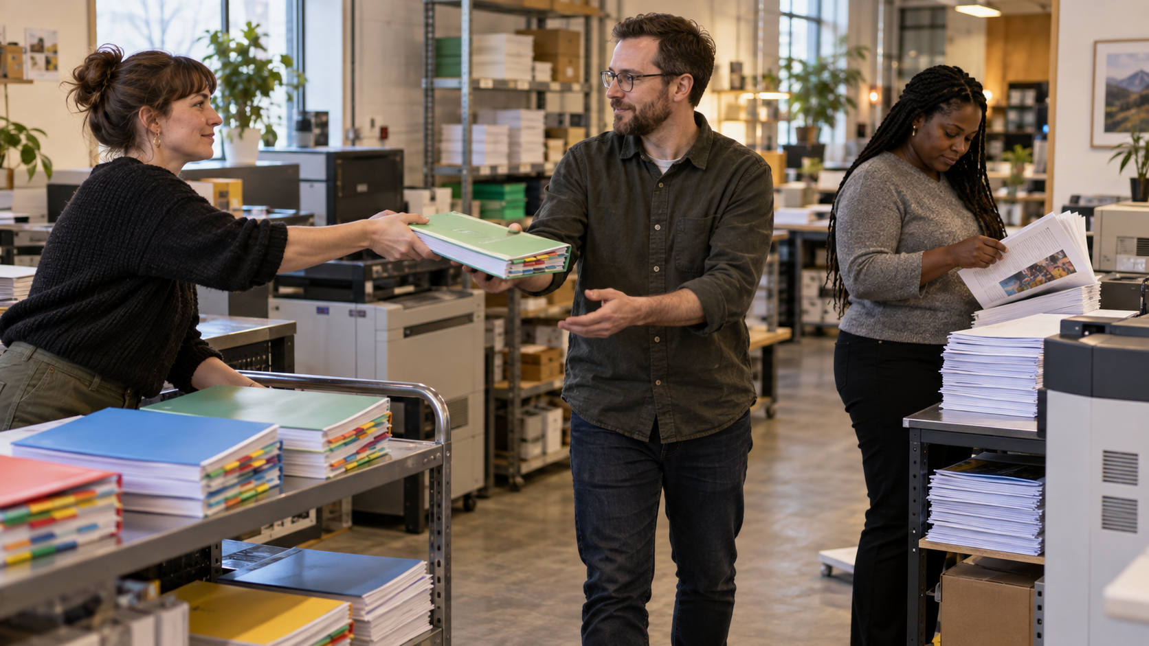 A grant team handing off a color-coded proposal binder in a print room