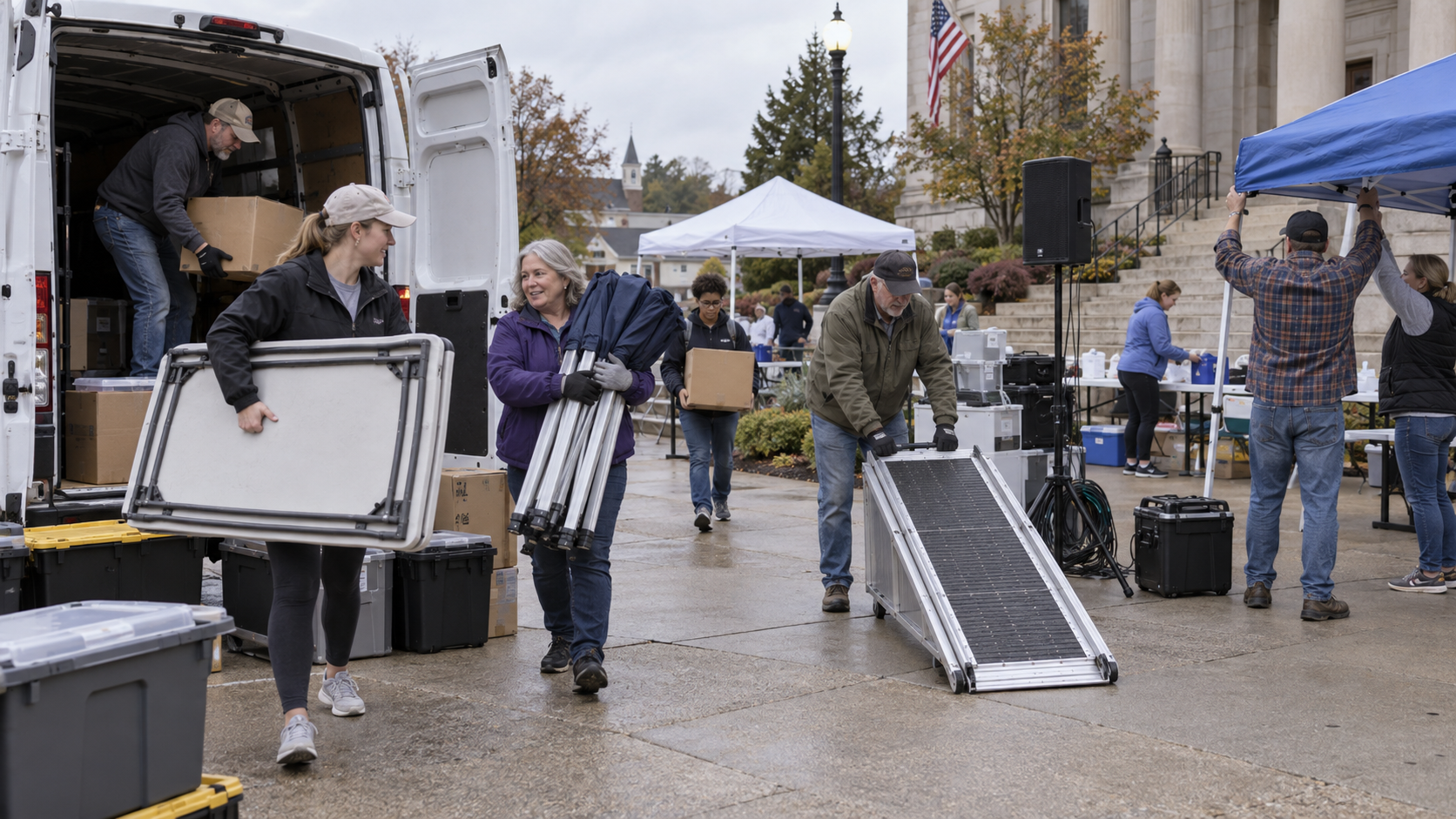 Volunteers unloading donated equipment and supplies for an outdoor community event