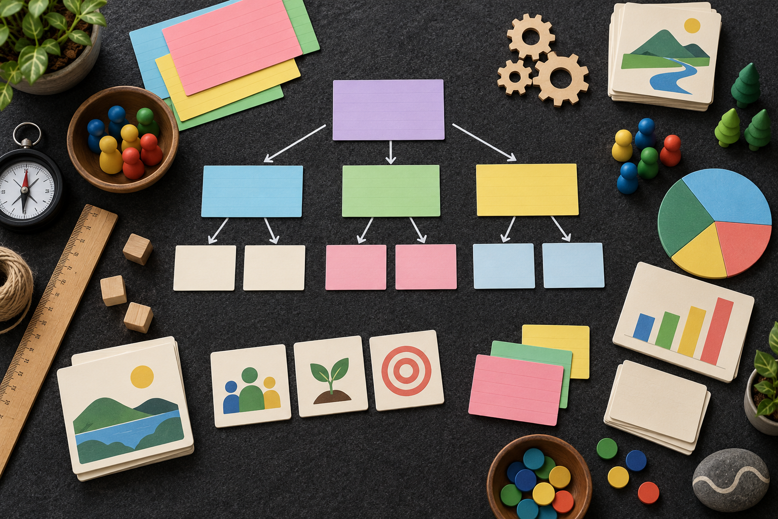 An analog logic model built with cards, tokens, charts, and measuring tools