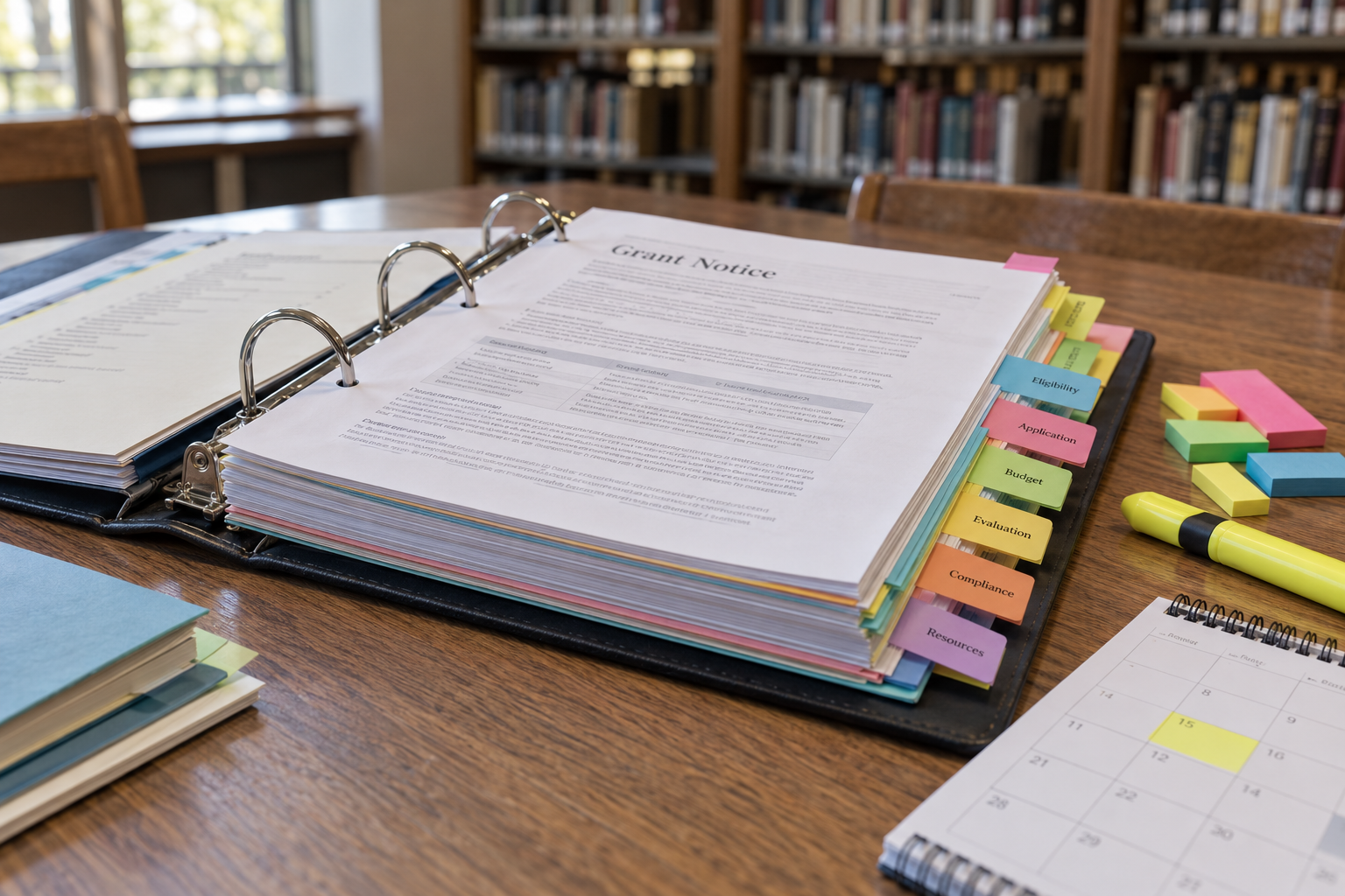 A grant notice organized in a binder with colored section dividers